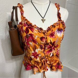 Orange tropical floral tank top ruffles flowers boho bohemian summer vacation